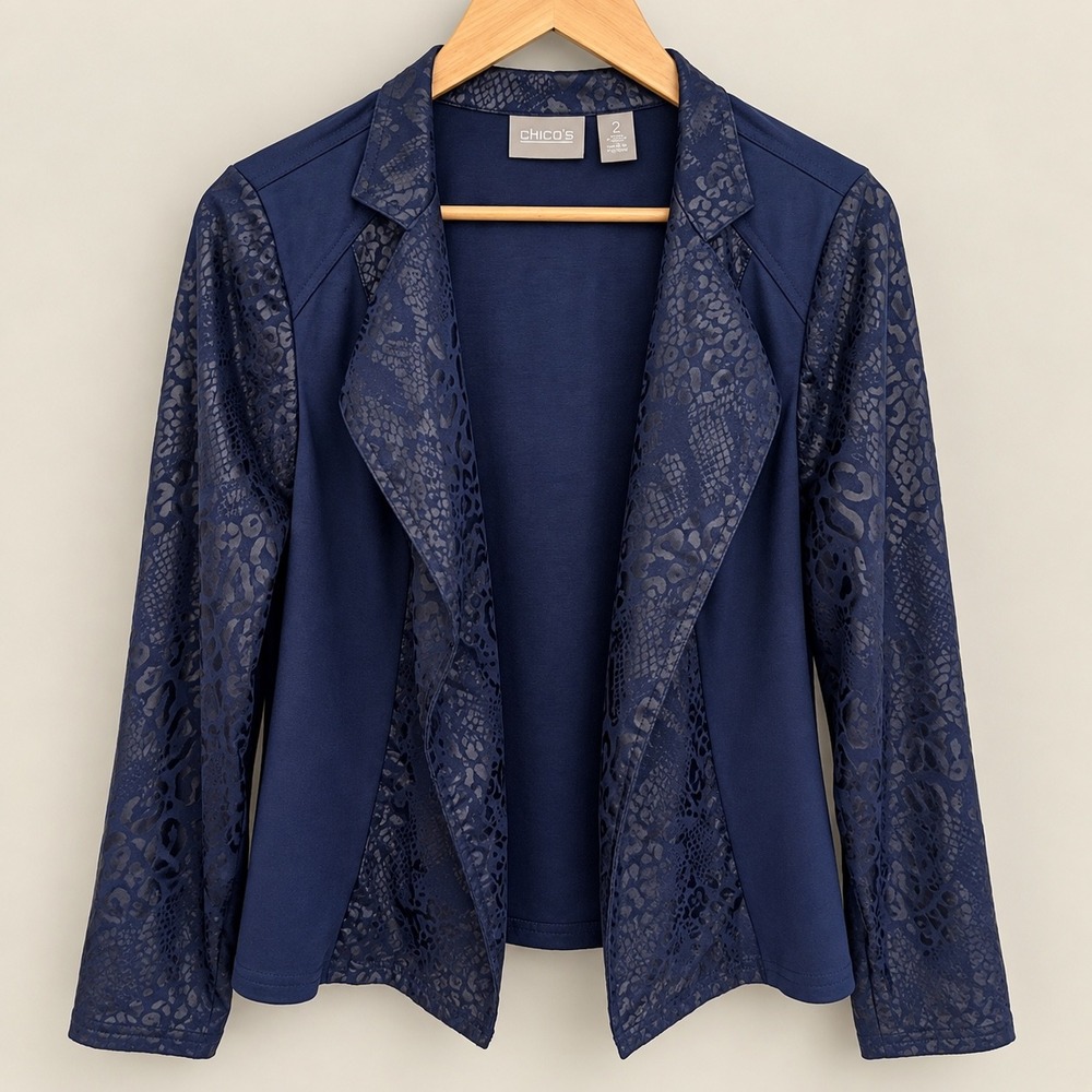 Chicos Navy Blue Faux Suede Animal Print Open Front Blazer Jacket Size 2 Large